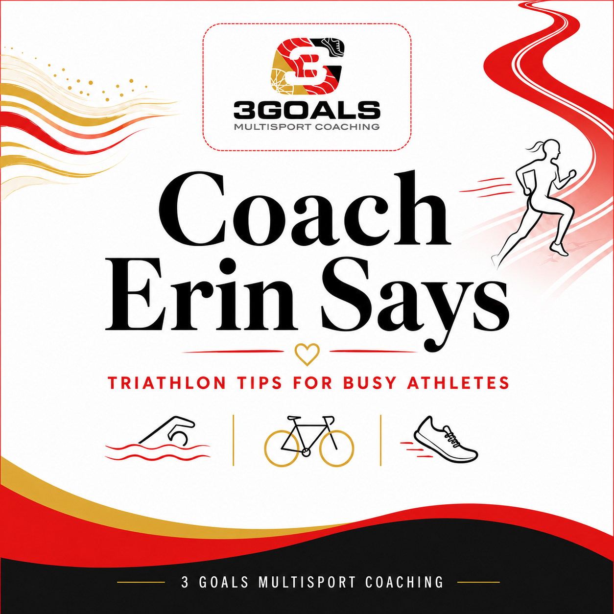 Coach Erin Says podcast cover for 3 Goals Multisport Coaching with swim, bike, and run icons and the tagline triathlon tips for busy athletes.