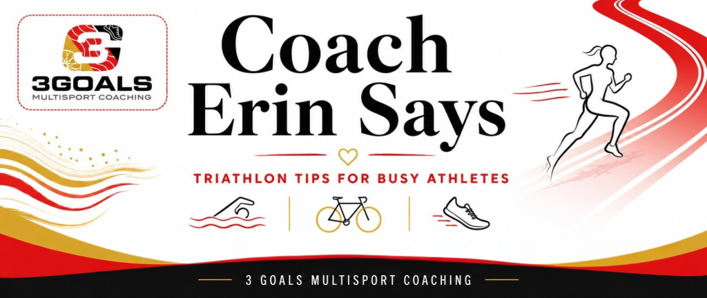 Coach Erin Says triathlon podcast artwork for busy athletes looking for practical training, fueling, recovery, race-day, and mindset advice.