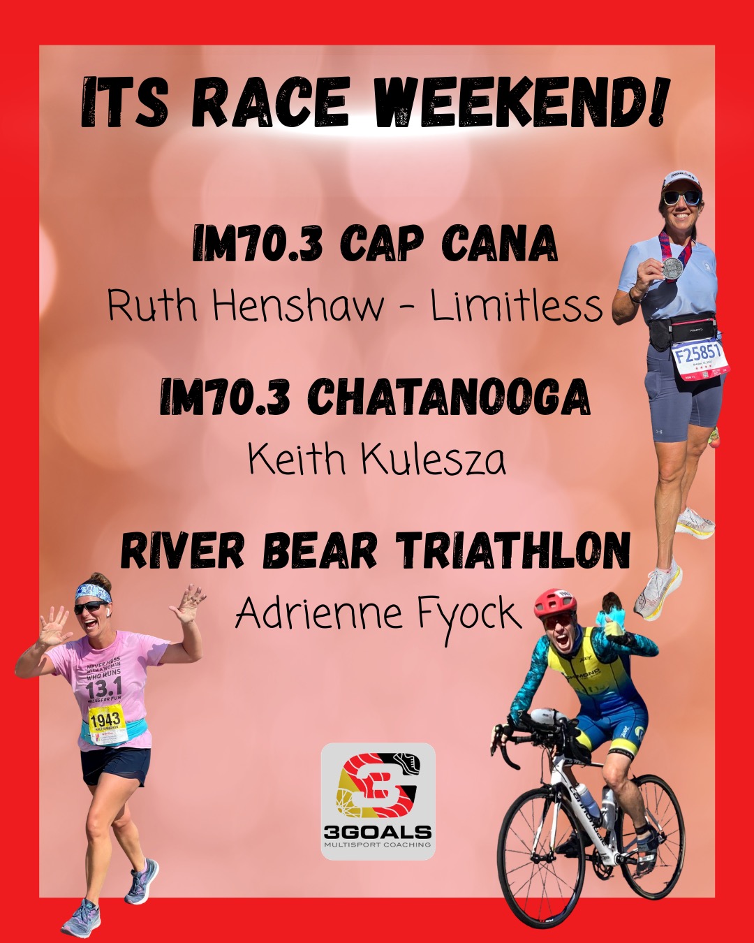 🔥 FRIDAY SHOUT OUT 🔥

Team 3G and LIMITLESS athletes are heading into another big race weekend — and this crew is ready to put the work to the test! 💪

🌴 IRONMAN 70.3 Cap Cana
✨ Ruth Henshaw is taking on the heat, humidity, and beautiful Caribbean course as a proud LIMITLESS athlete! Big adventure, big challenge, and an unforgettable day ahead.

🏊‍♂️🚴‍♂️🏃‍♂️ IRONMAN 70.3 Chattanooga
✨ Keith Kulesza is ready to tackle one of the most iconic 70.3 courses out there. Swim downstream, stay steady on the hills, and trust the process all the way to the finish line!

🐻 River Bear Triathlon
✨ Adrienne Fyock is back at it and ready to race strong — and this one will be extra special because she’ll be racing alongside her son! 😊 Every start line continues to build confidence, experience, and momentum.

Let’s send this crew all the good vibes for a strong, smart, and fun race weekend! 💥

👇 Drop a 💪, 🌴, or 🐻 in the comments to cheer them on — and if you’re racing this weekend, share your 3 Goals so we can cheer for you too! 🎯

#fridayshoutout #team3gmultisport #thisgirlsgotgoals #im703chattanooga #im703capcana #riverbeartriathlon #goalgetters #3goalsapproach #swimbikerun #youcandohardthings
