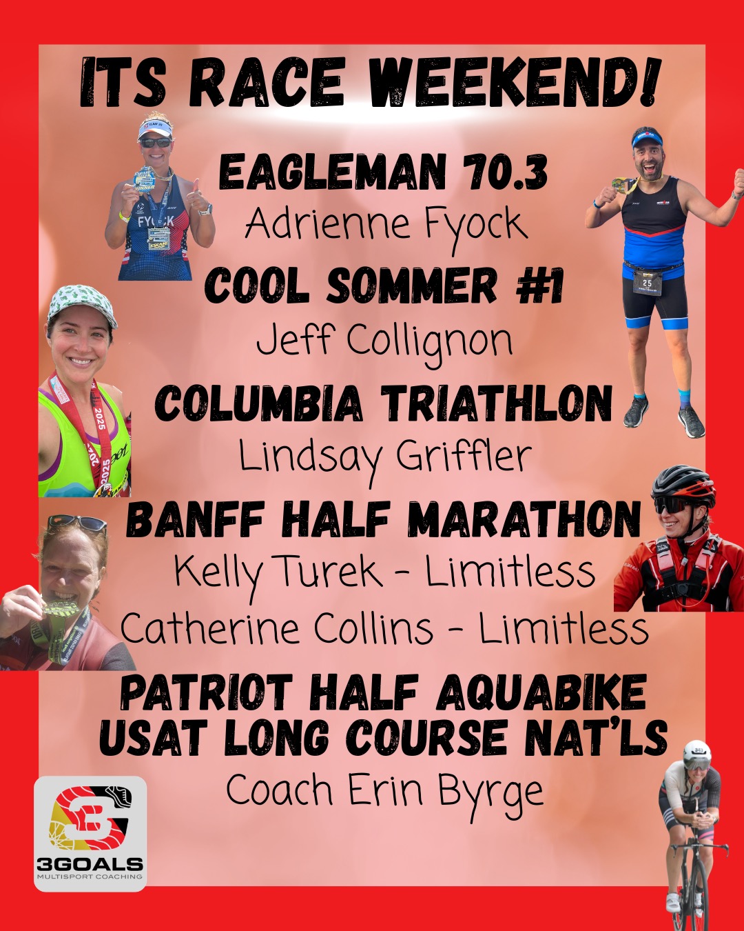 🔥 FRIDAY SHOUT OUT 🔥

It’s another big race weekend, and I’m so excited to cheer on this crew from start lines all over the place! 💪

🏊‍♀️🚴‍♀️🏃‍♀️ IRONMAN 70.3 Eagleman
✨ Adrienne Fyock is taking on Eagleman 70.3 — a big step on the road to Ironman Lake Placid and another chance to put all that swim, bike, run work together. She’s been doing the work, especially on the bike, and I can’t wait to see how race day unfolds.

☀️ Cool Sommer Series #1
✨ Jeff Collignon is jumping into the Cool Sommer Series — and let’s be honest, any race with a unicorn medal is already a win. 🦄 But he’s also there to race, build confidence, and keep stacking fitness. Every start line is a chance to learn, grow, and keep moving forward.

🏊‍♀️🚴‍♀️🏃‍♀️ Columbia Triathlon
✨ Lindsay Griffler is racing the Columbia Triathlon — ready to trust her training, take on the challenge, and keep building momentum.

🏃‍♀️ Banff Half Marathon
✨ LIMITLESS athletes Catherine Collins and Kelly Turek are taking on the Banff Half Marathon — beautiful views, big miles, and what sounds like an unforgettable race experience ahead.

🇺🇸 Long Course Aquabike Nationals
✨ And I’m lining up for Long Course Aquabike Nationals at the Patriot Half — ready to race hard, chase big goals, and see what I can do on the national stage.

So many start lines, so many goals, and so much to cheer for this weekend.

Drop a 💪, 🎉, or 🦄 in the comments to send this crew all the good vibes — and if you’re racing this weekend, share your 3 Goals so we can cheer you on too!
