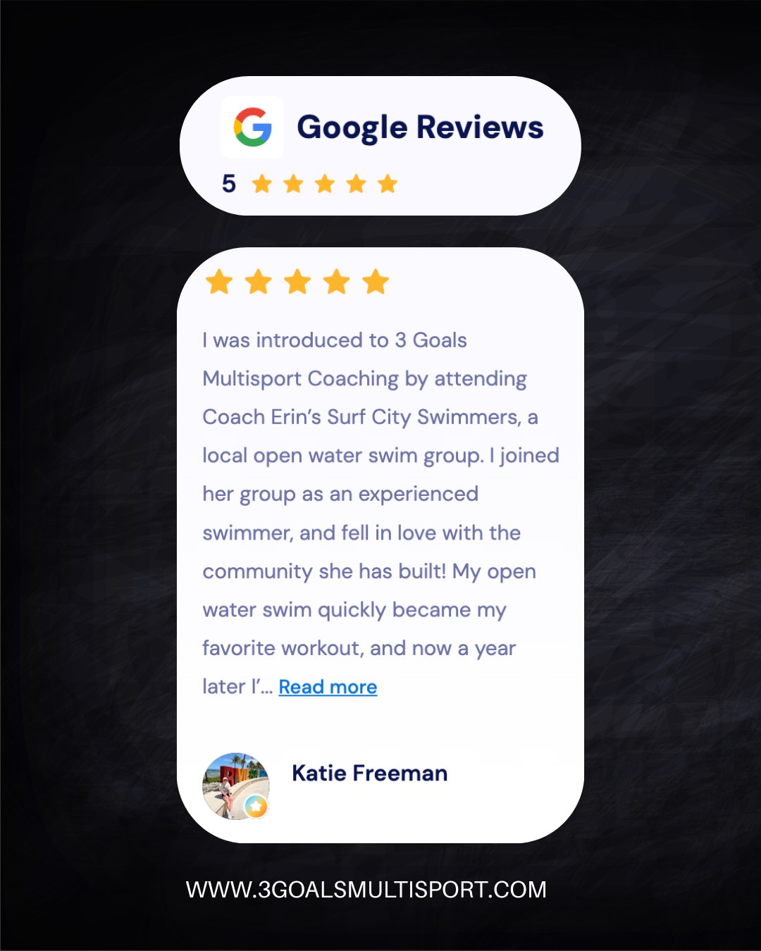 Katie's review means so much because it comes from someone who understands both sides of the sport—as an athlete and now as one of our coaches.

It's incredibly rewarding to know that the coaching, support, and community she experienced as an athlete inspired her to become part of the 3 Goals Multisport team. Watching her continue to grow while now helping other athletes improve their swimming has been amazing to see.

Thank you, Katie, for your kind words, your trust, and everything you do for Team 3G. I'm grateful to have you on this journey with me.

Want to read Katie's full review? Follow the link in my bio to read her complete Google review and learn more about the 3 Goals Multisport community.

\#3GoalsMultisport #TriathlonCoach #SwimCoach #TriathlonCommunity #AthleteSuccess #Team3G @katarinahelene