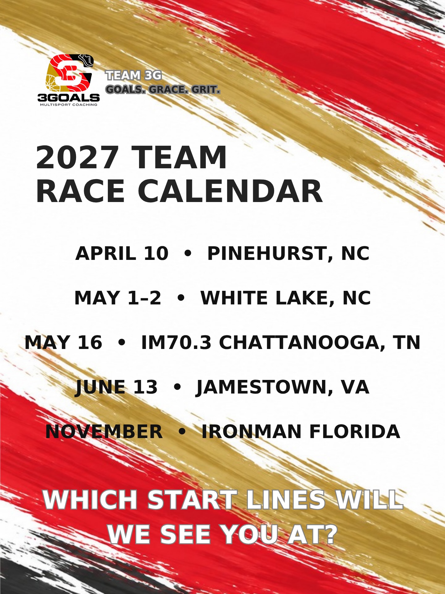 Our first Team 3G race in North Carolina brought wild weather—and SO much fun! 🌧️🏊‍♀️🚴‍♀️🏃‍♀️

Team meals, shake-outs, race-day cheers, SWAG, and ALL the vibes! ❤️🖤💛 Even in the wind and rain, sharing the weekend and cheering each other to the finish made it something special. This crew showed up for their races AND for each other.

We’re already working on accommodations and plans for our spring team races, with more chances to gather around the table, get those pre-race jitters out together, and have familiar faces cheering along the course!

Take a look at the calendar and tell us: which races are you coming to? 👇

Want in on the fun? You’re welcome to join Team 3G! You don’t have to be coached by us to be part of this team.

Comment TEAM and I’ll send you more information. Let’s make some race weekend memories together!

#Team3G #3GoalsMultisport #GoalsGraceGrit #TriathlonCommunity